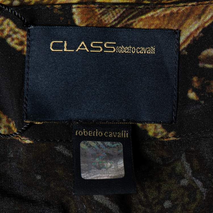 Pre Owned Class by Roberto Cavalli Black Printed Silk Ruffled Neck Button Front Top M 