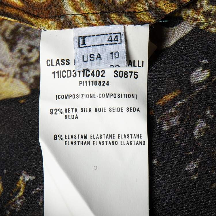 Pre Owned Class by Roberto Cavalli Black Printed Silk Ruffled Neck Button Front Top M 
