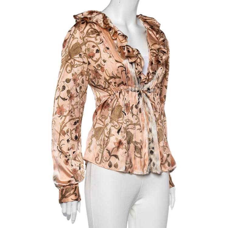 Pre Owned Class by Roberto Cavalli Pink Floral Printed Silk Satin Ruffled Neck Shrug L