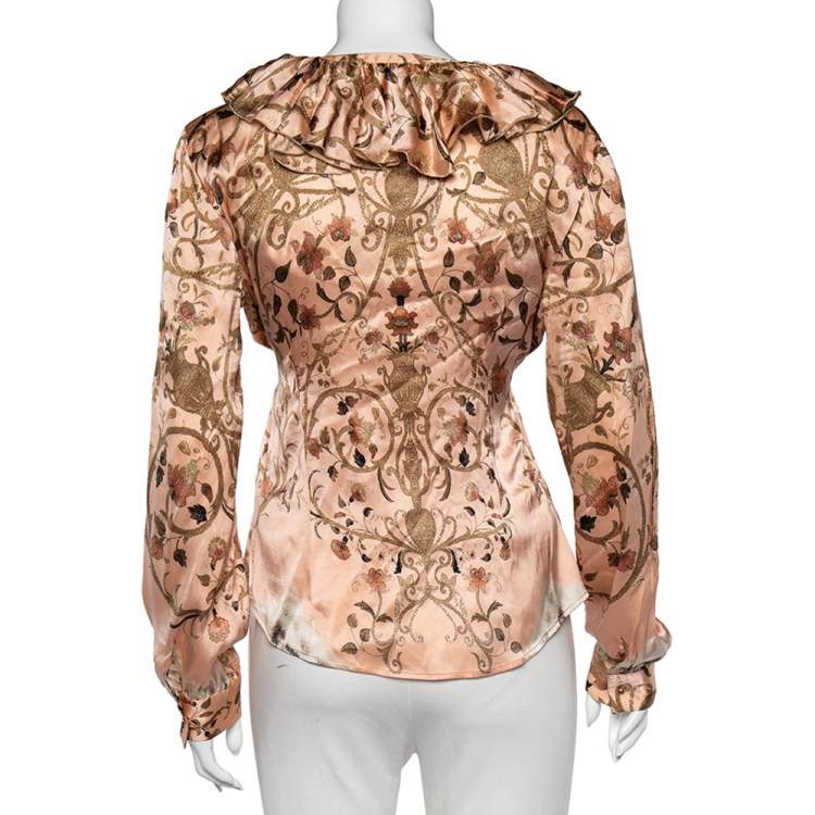 Pre Owned Class by Roberto Cavalli Pink Floral Printed Silk Satin Ruffled Neck Shrug L