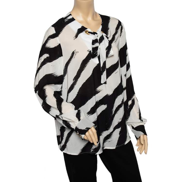 Pre Owned Class by Roberto Cavalli Monochrome Chiffon Neck Tie Detail Blouse L 