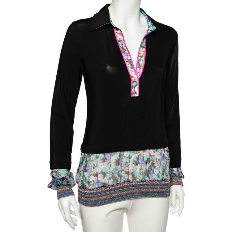 Pre Owned Class by Roberto Cavalli Black Jersey Contrast Paneled Top M