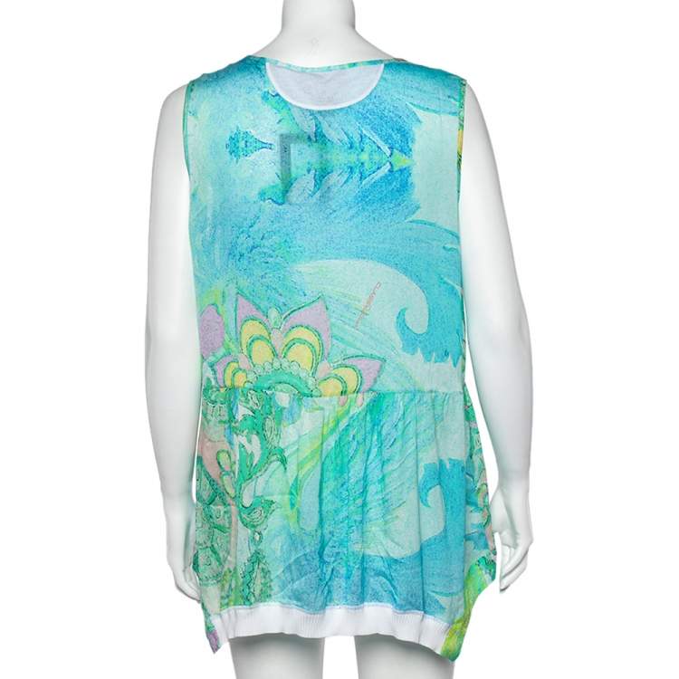 Pre Owned Class by Roberto Cavalli Blue Printed Silk Rib Knit Trim Detailed Top L