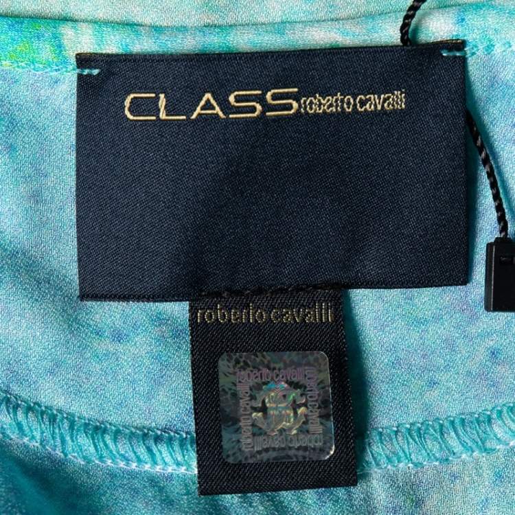 Pre Owned Class by Roberto Cavalli Blue Printed Silk Rib Knit Trim Detailed Top L