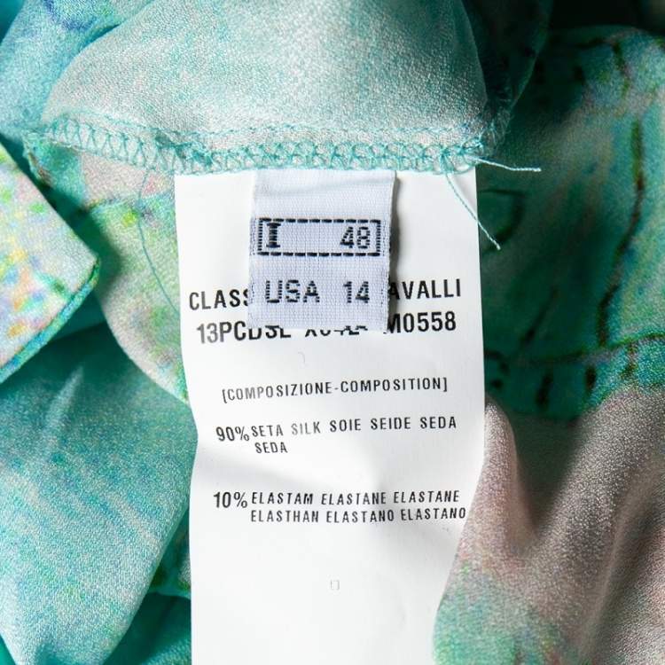 Pre Owned Class by Roberto Cavalli Blue Printed Silk Rib Knit Trim Detailed Top L