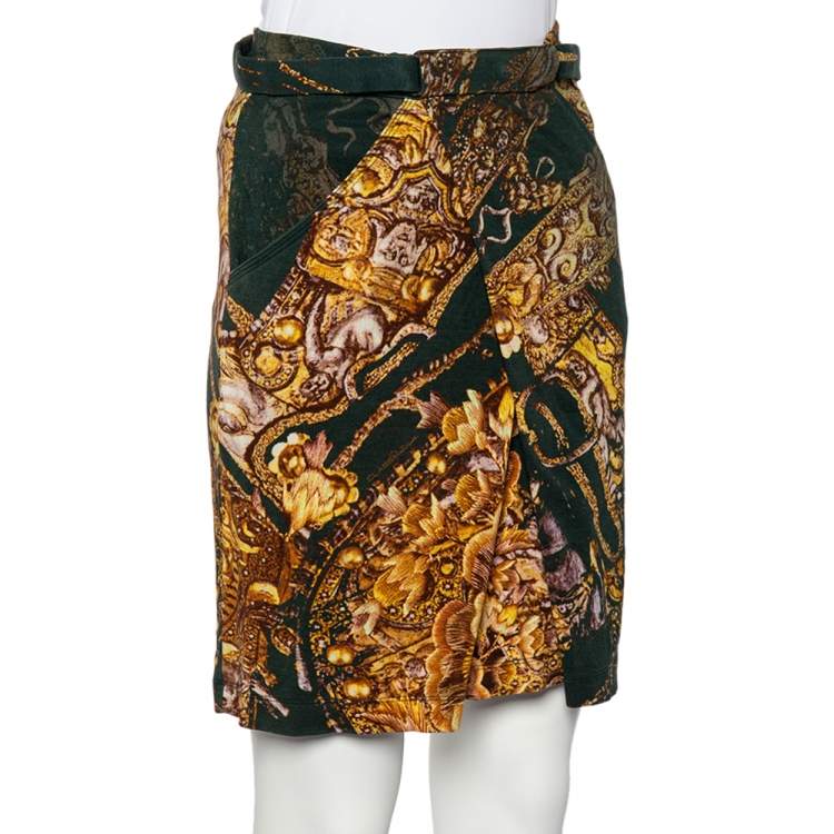 Pre Owned Class by Roberto Cavalli Green Printed Knit Draped Short Skirt S