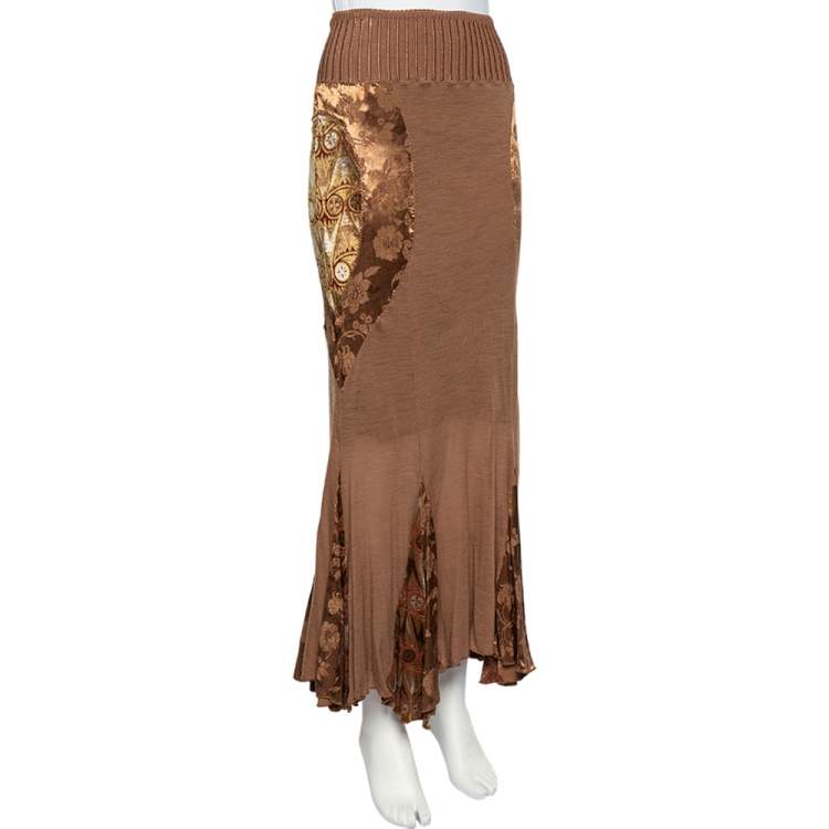 Pre Owned Class by Roberto Cavalli Brown Wool Knit Paneled Skirt M
