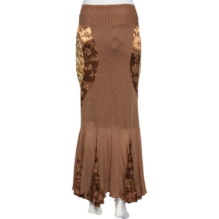 Pre Owned Class by Roberto Cavalli Brown Wool Knit Paneled Skirt M
