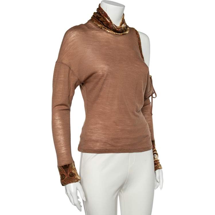 Pre Owned Class by Roberto Cavalli Brown Wool Knit Contrast Trim Cold Shoulder Detail Top M