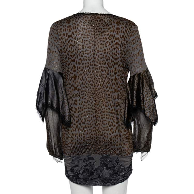 مملوكة مسبقًا Class by Roberto Cavalli Grey Printed Jersey Overlay Sleeve Detailed Top L