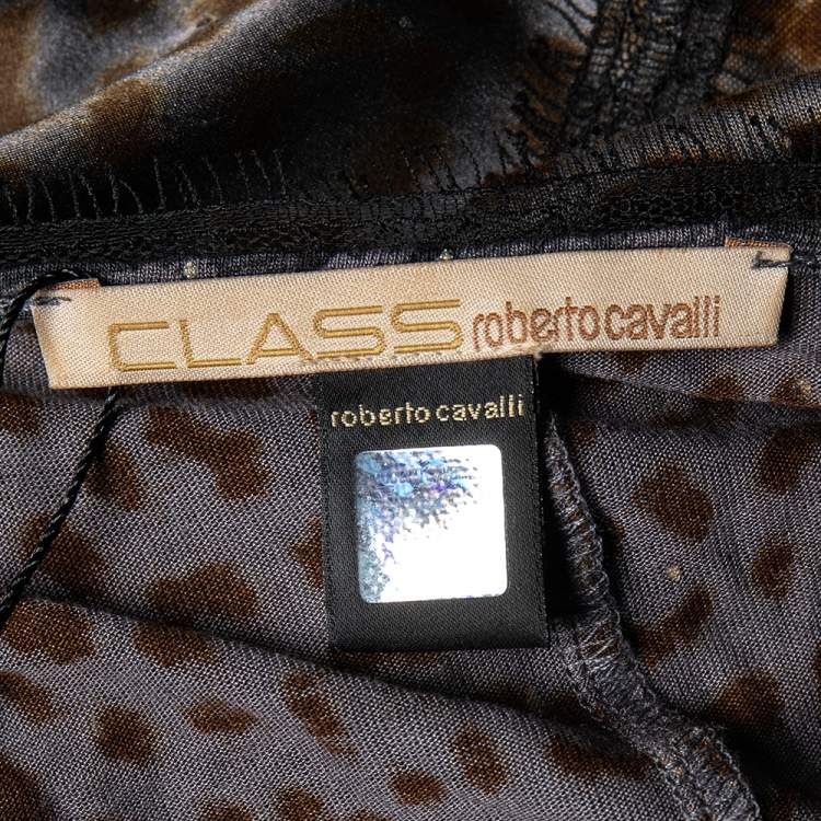 مملوكة مسبقًا Class by Roberto Cavalli Grey Printed Jersey Overlay Sleeve Detailed Top L