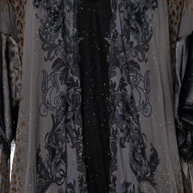 مملوكة مسبقًا Class by Roberto Cavalli Grey Printed Jersey Overlay Sleeve Detailed Top L