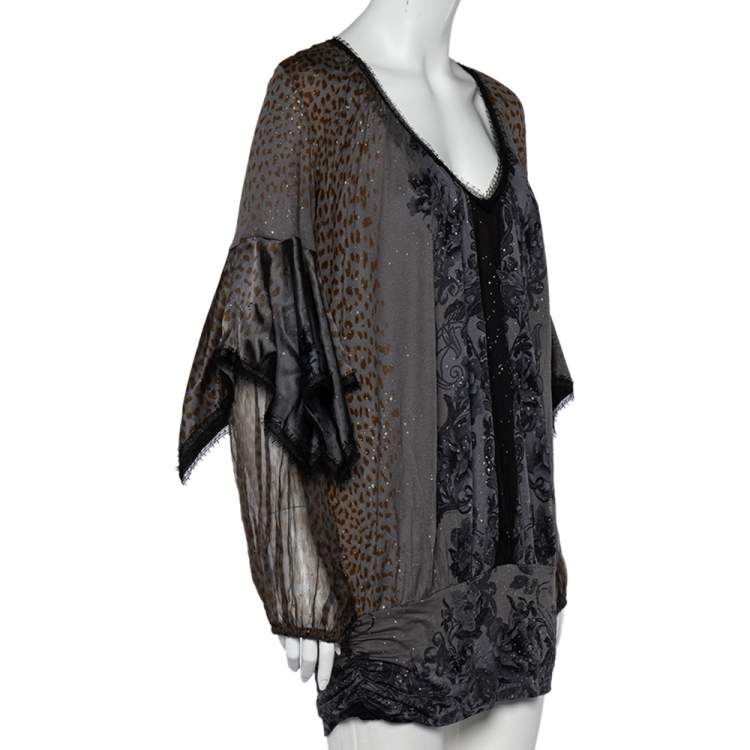 مملوكة مسبقًا Class by Roberto Cavalli Grey Printed Jersey Overlay Sleeve Detailed Top L