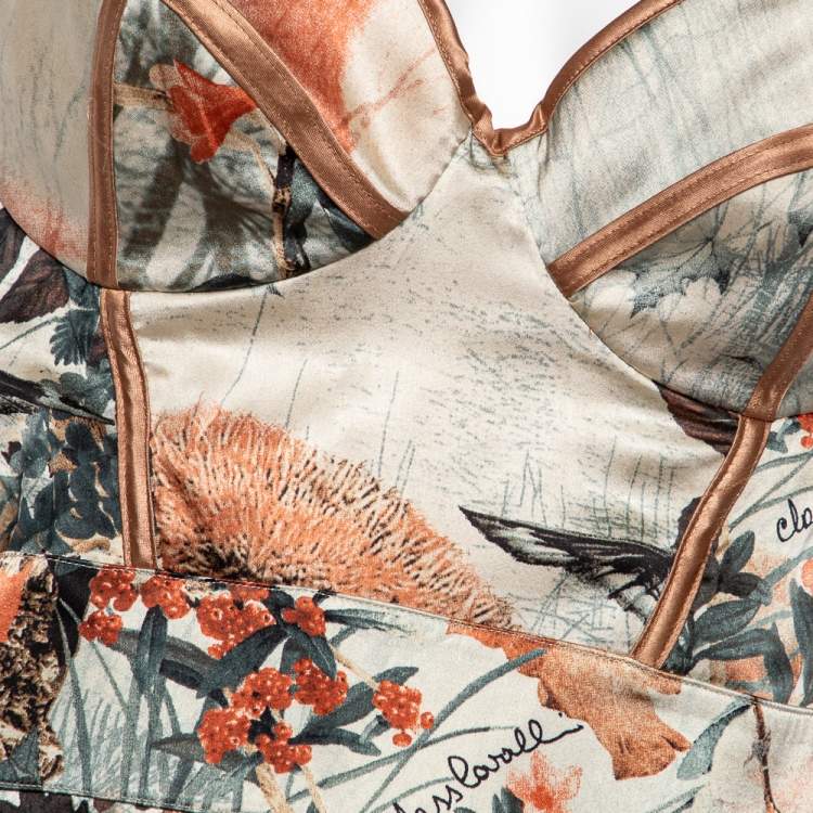 Pre Owned Class by Roberto Cavalli Beige Floral Squirrel Print Silk Bustier Dress L