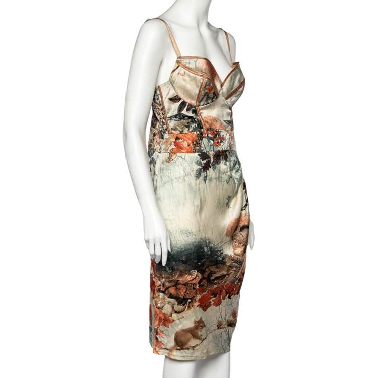 Pre Owned Class by Roberto Cavalli Beige Floral Squirrel Print Silk Bustier Dress L