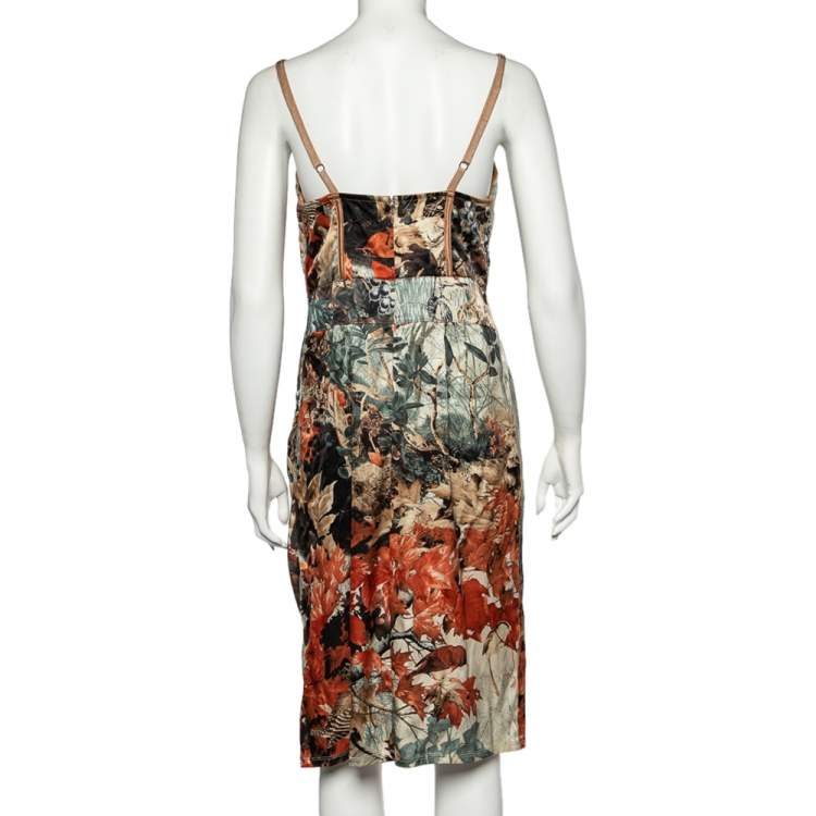Pre Owned Class by Roberto Cavalli Beige Floral Squirrel Print Silk Bustier Dress L