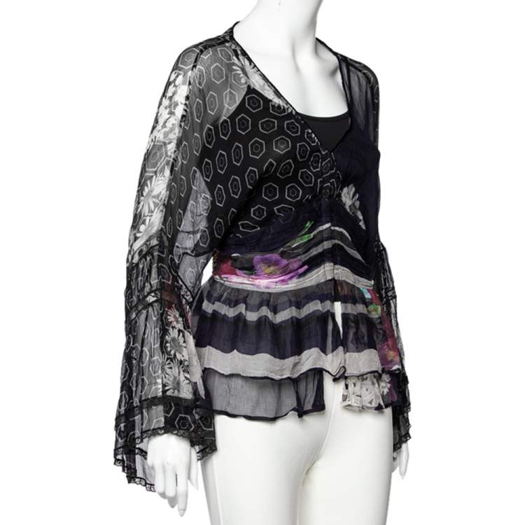Pre Owned Class by Roberto Cavalli Black Floral Print Silk Sheer Blouse L