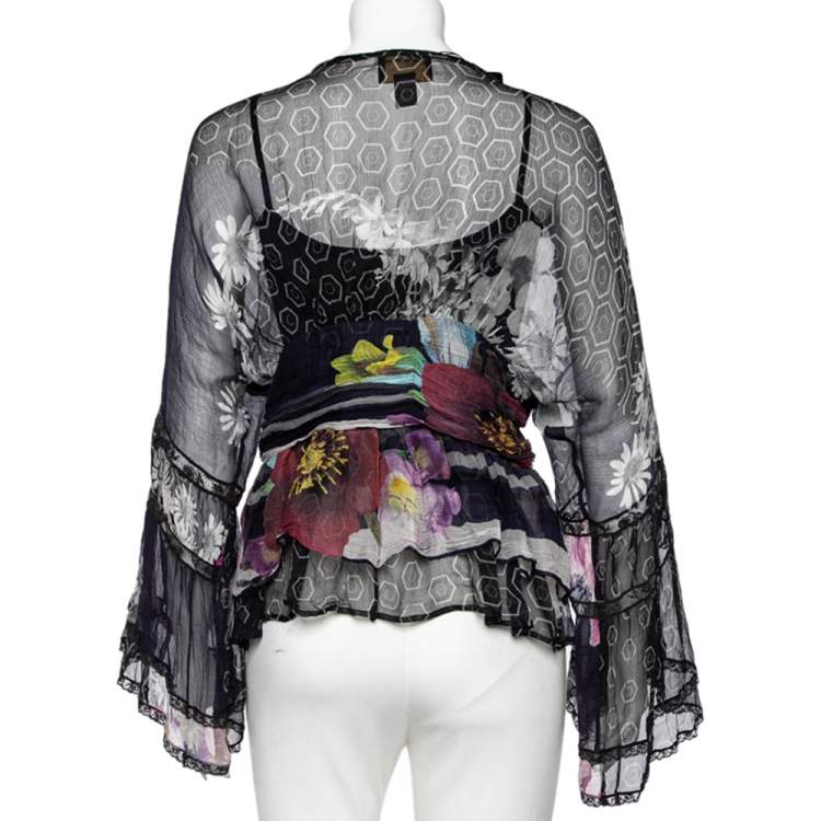 Pre Owned Class by Roberto Cavalli Black Floral Print Silk Sheer Blouse L