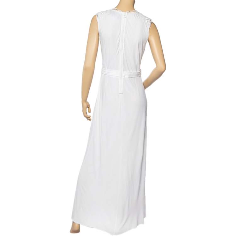 Pre Owned Class by Roberto Cavalli White Jersey Lace Trim Detail Plunge Neck Maxi Dress L