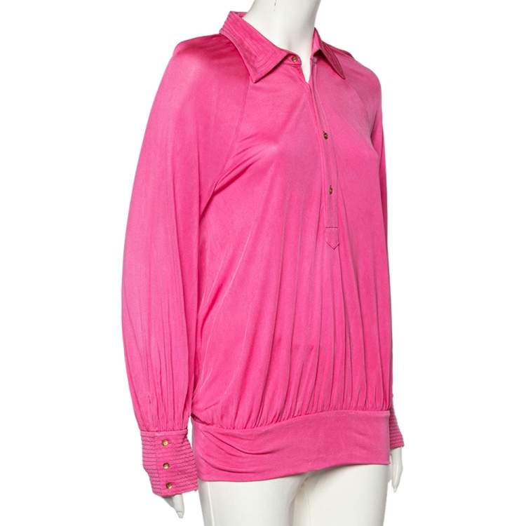 Pre Owned Class by Roberto Cavalli Pink Silk Knit Button Front Top M