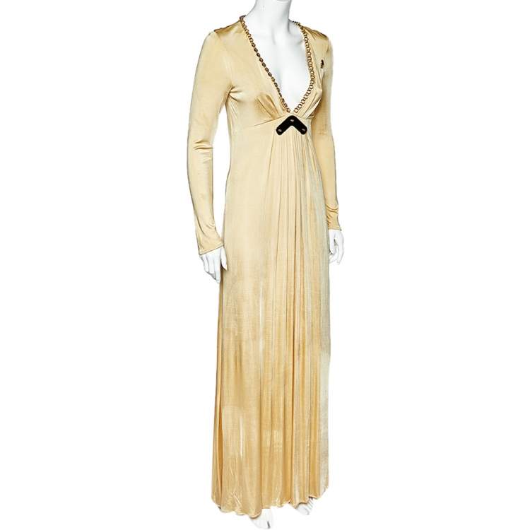 Pre Owned Class by Roberto Cavalli Cream Metal Embellished Jersey Open Back Maxi Dress L
