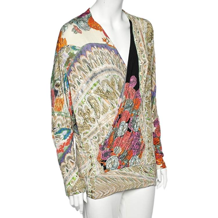 Pre Owned Class Cavalli Multicolor Printed Knit Draped Top L