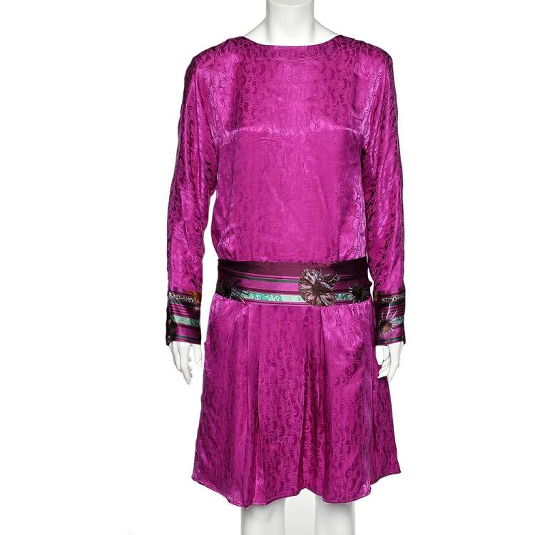 Pre Owned Class by Roberto Cavalli Purple Silk Contrast Waist Tie Detail Dress M