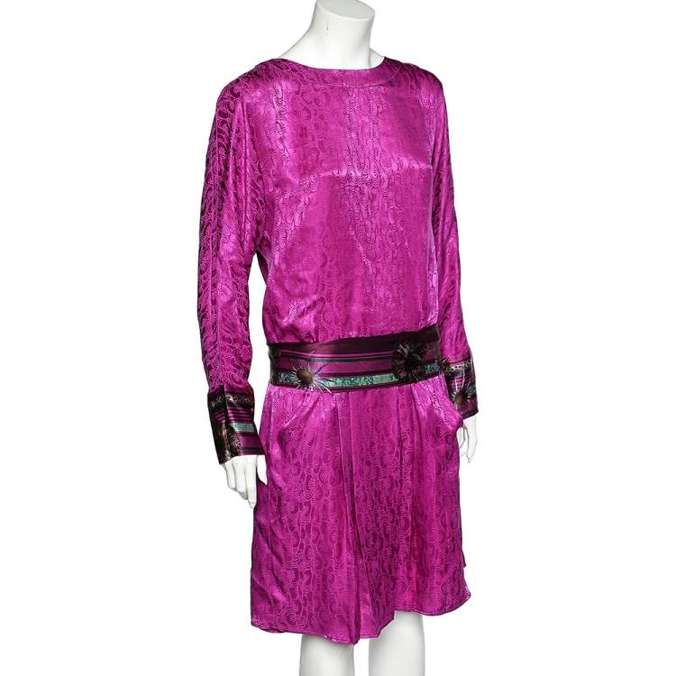 Pre Owned Class by Roberto Cavalli Purple Silk Contrast Waist Tie Detail Dress M