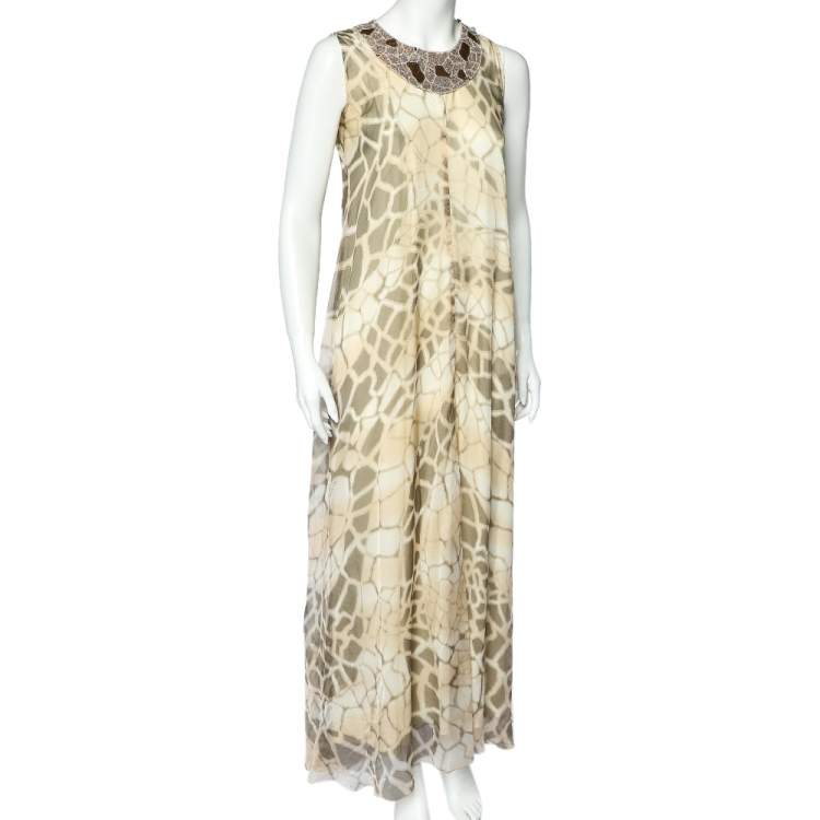 Pre Owned Class by Roberto Cavalli Beige Printed Silk Chiffon Embellished Neck Detail Sleeveless Dress M