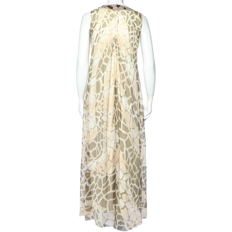 Pre Owned Class by Roberto Cavalli Beige Printed Silk Chiffon Embellished Neck Detail Sleeveless Dress M