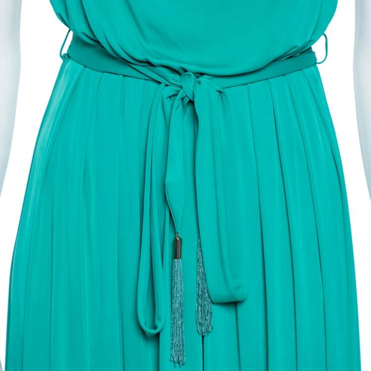 Pre Owned Class by Roberto Cavalli Green Jersey Pleated Belted Maxi Dress S