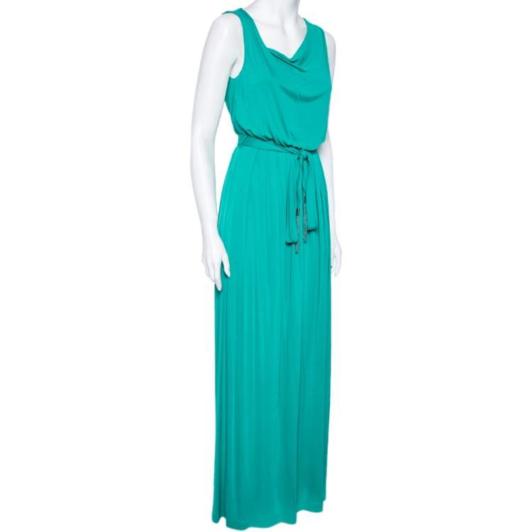 Pre Owned Class by Roberto Cavalli Green Jersey Pleated Belted Maxi Dress S