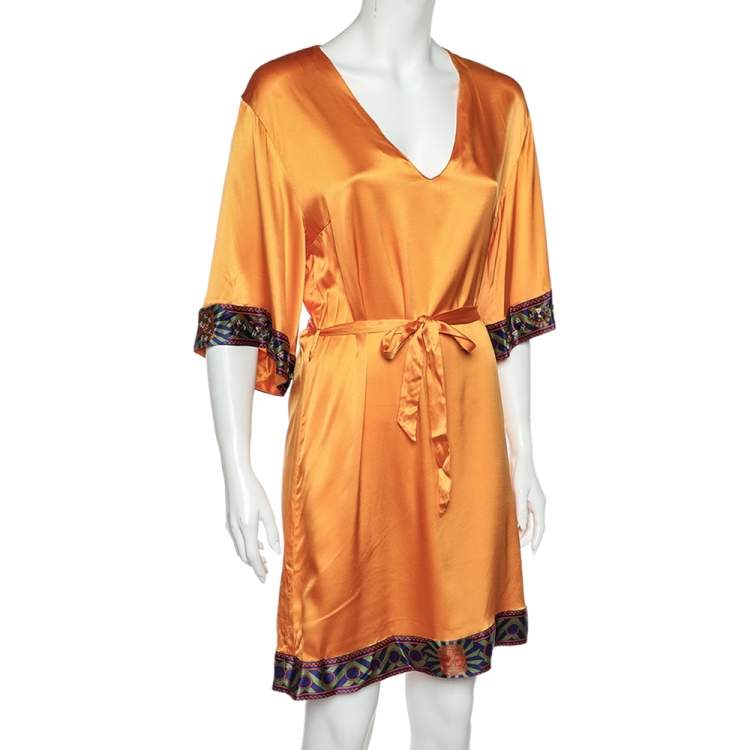 Pre Owned Class by Roberto Cavalli Orange Silk Satin Trim Detail Belted Tunic L
