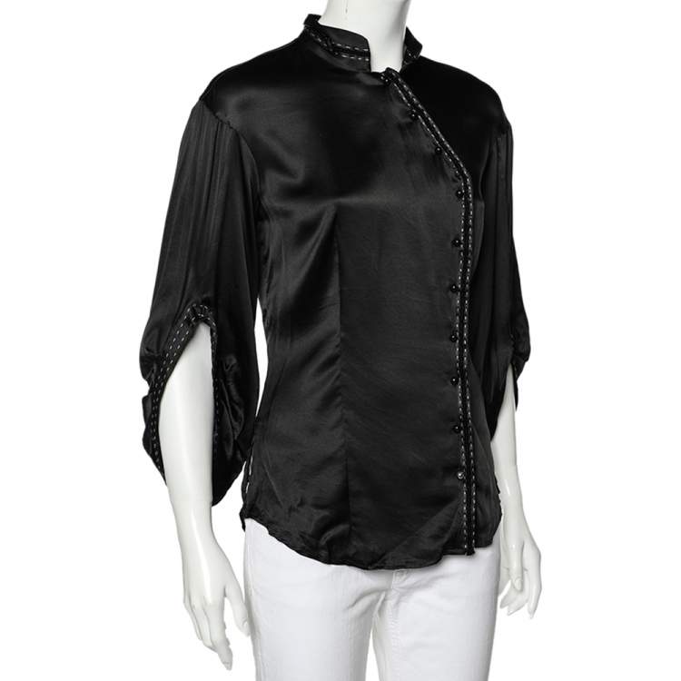 Pre Owned Class by Roberto Cavalli Black Silk Satin Button Front Top M