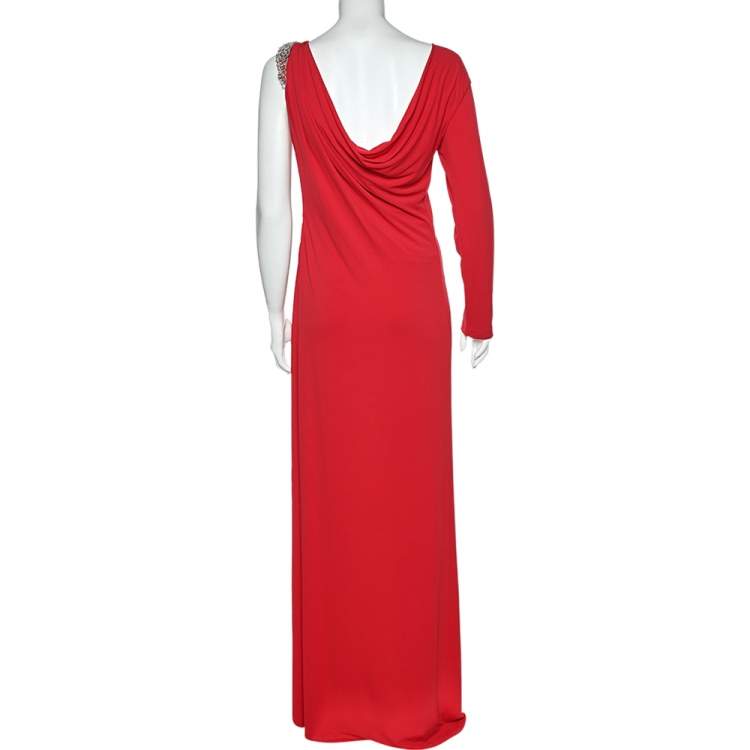 Pre Owned Class by Roberto Cavalli Coral Red Jersey Draped Detail Maxi Dress L