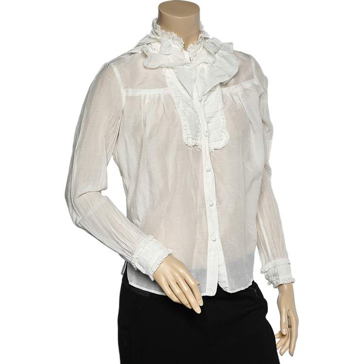 Pre Owned Class by Roberto Cavalli Off-White Cotton Ruffle Trimmed Shirt M