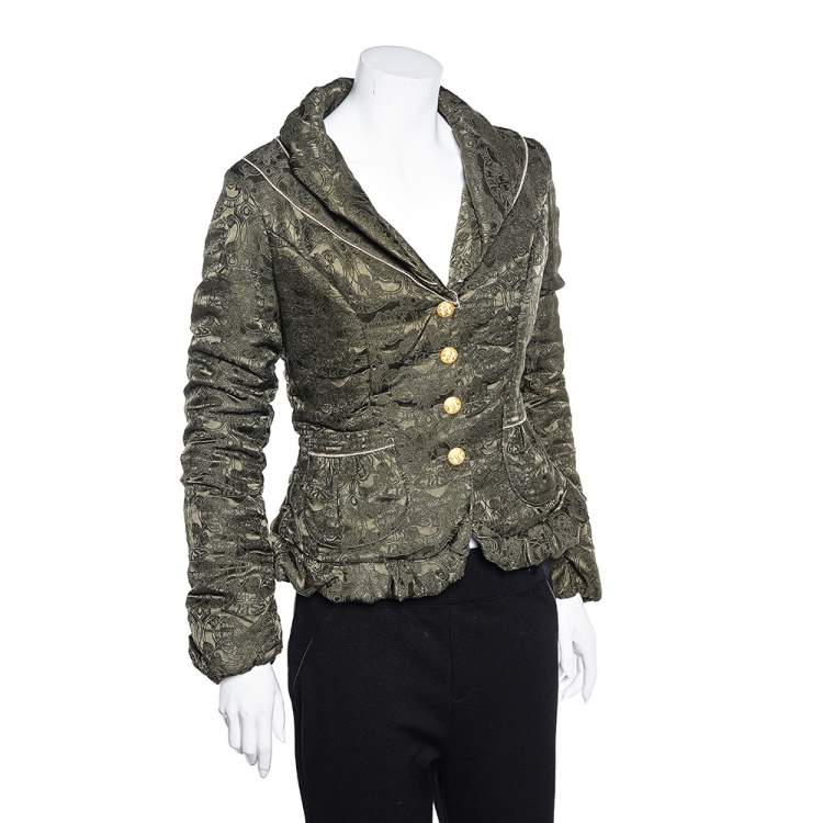 Pre Owned Class by Roberto Cavalli Olive Green Jacquard Wool Quilted Jacket M