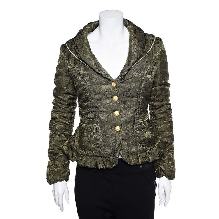 Pre Owned Class by Roberto Cavalli Olive Green Jacquard Wool Quilted Jacket M