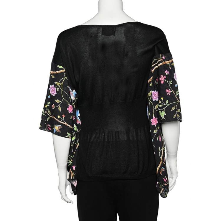 Pre Owned Cavalli Class Black Knit & Floral Printed Kaftan Top L