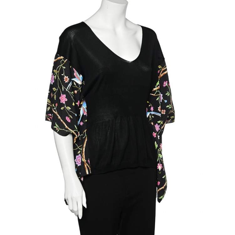 Pre Owned Cavalli Class Black Knit & Floral Printed Kaftan Top L