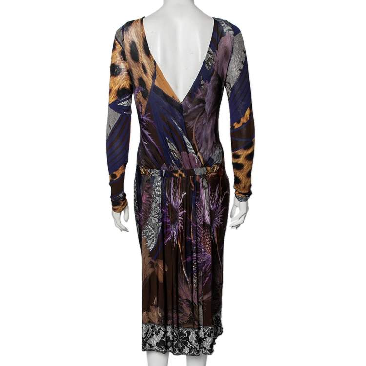 Pre Owned Class by Roberto Cavalli Multicolored Printed Jersey Belted Dress S