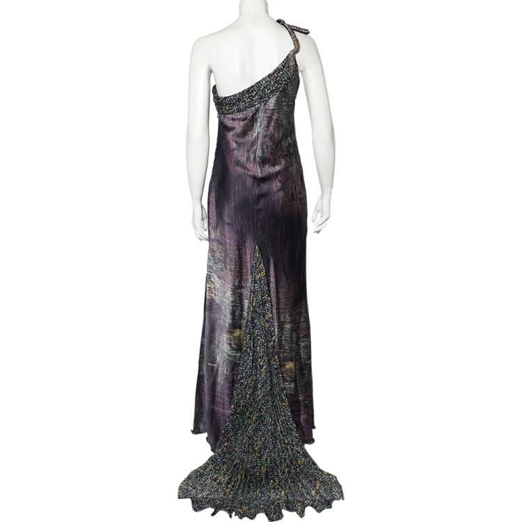 Pre Owned Class by Roberto Cavalli Purple Printed Satin Embellished One Shoulder Gown XL