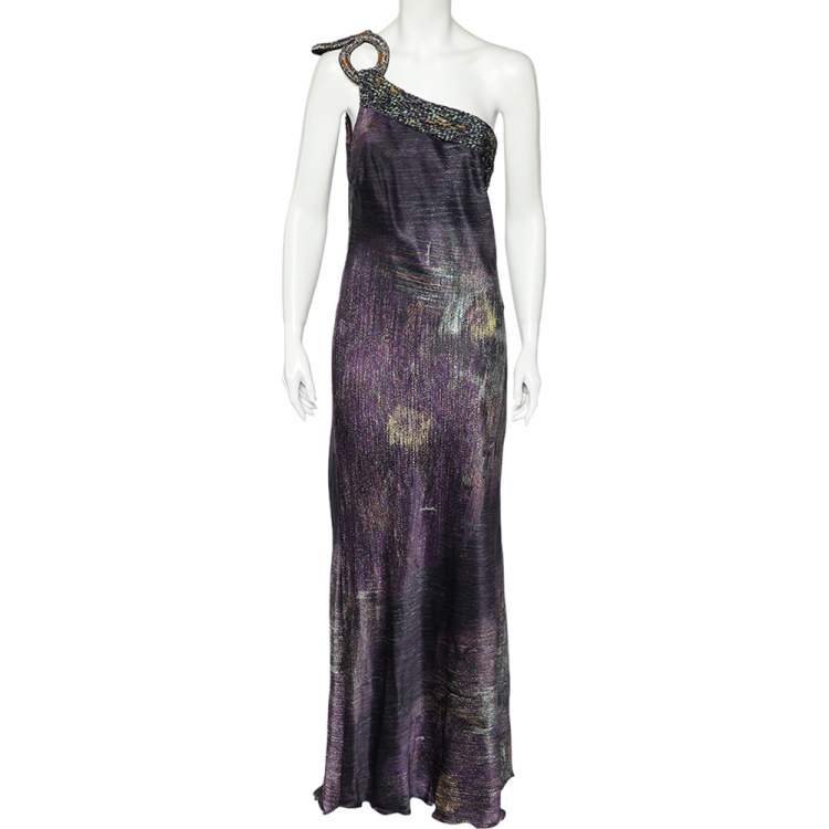Pre Owned Class by Roberto Cavalli Purple Printed Satin Embellished One Shoulder Gown XL