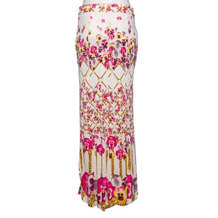 Pre Owned Class by Roberto Cavalli Cream Floral Printed Silk Slit Detailed Maxi Skirt M