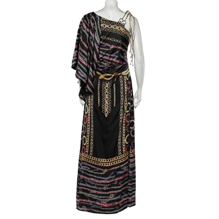 Pre Owned Cavalli Class Black Printed Satin Flared Sleeve Maxi Dress L
