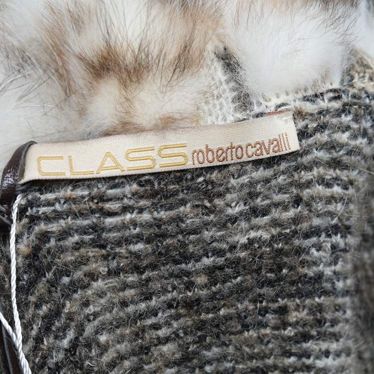Pre Owned Class By Roberto Cavalli Brown Intarsia Knit & Fur Trimmed Cardigan M