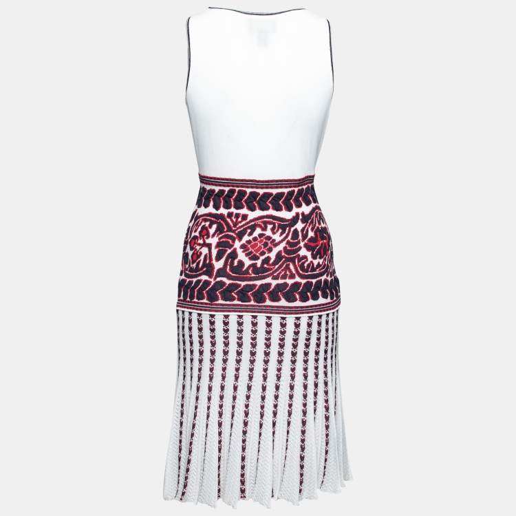 Pre Owned Class by Roberto Cavalli White & Blue Intarsia Pointelle Knit Dress S