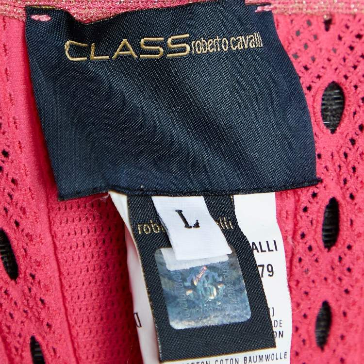 Pre Owned Class by Roberto Cavalli Pink Perforated Knit Lurex Trim Midi Dress L