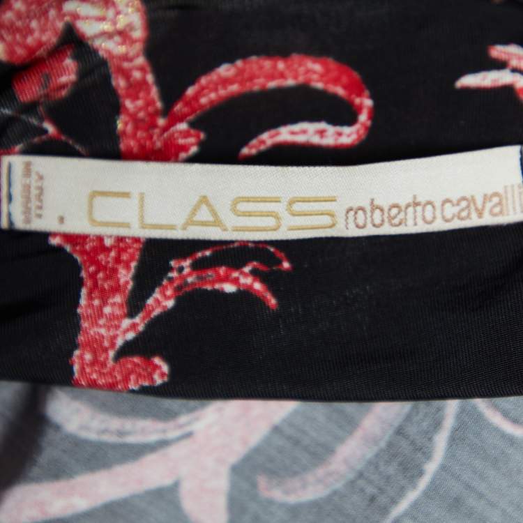 Pre Owned Class by Roberto Cavalli Black Floral Printed Draped Midi Dress L