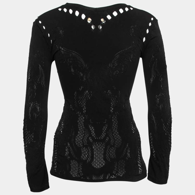 Pre Owned Class by Roberto Cavalli Black Eyelet Embroidered Stretch Knit Top L